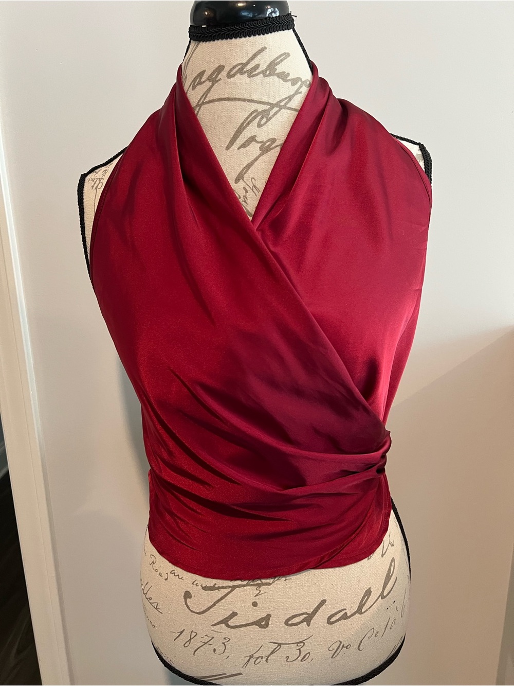 SHEIN Satin Halter Wrap Top in Burgundy Red